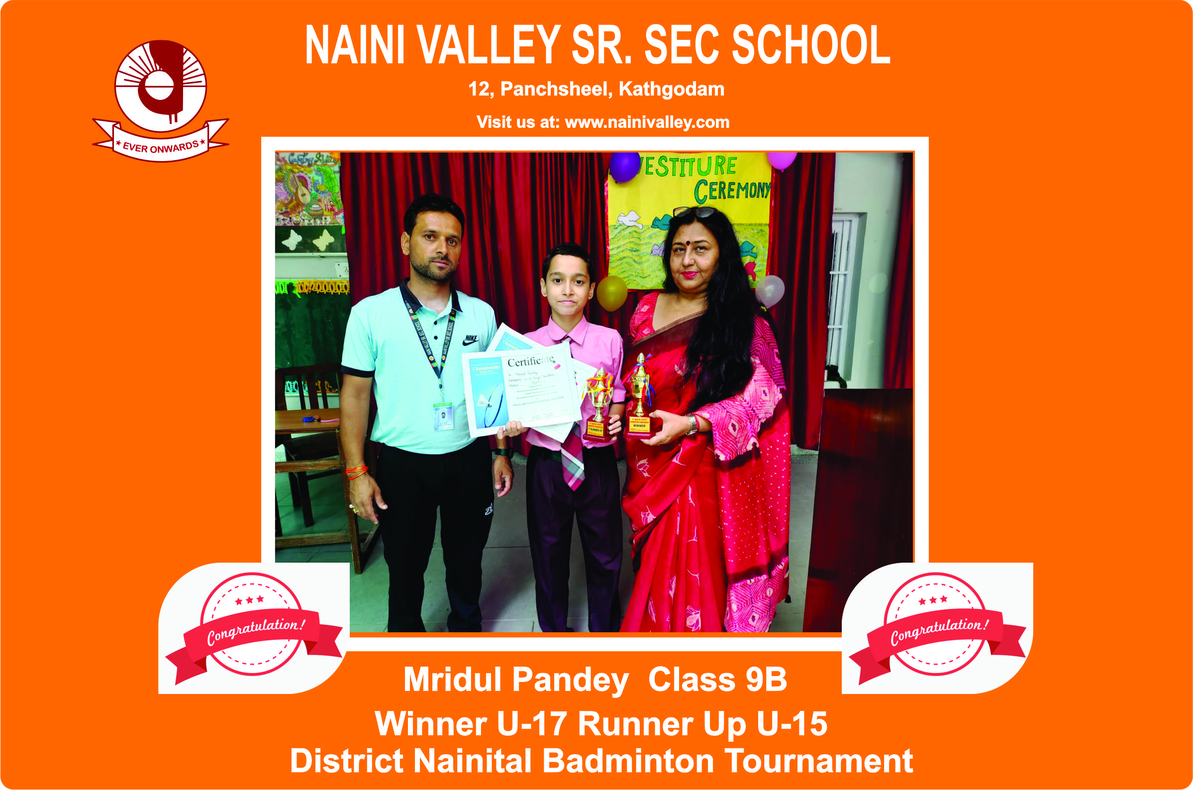 Congratulations..... Mridul Pandey of Class 9B Winner U-17 Runner Up U-15 District Nainital Badminton Tournament 